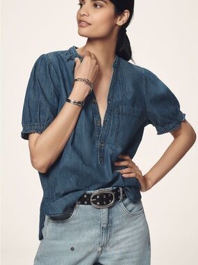 Pilcro Aly Denim Puff Sleeve Blouse in Dark Blue